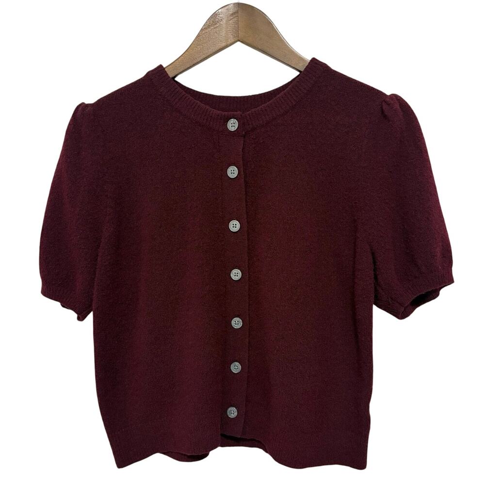 Nine West Womens S Burgundy Puff Sleeve Button Front Knit Cardigan Wool Blend